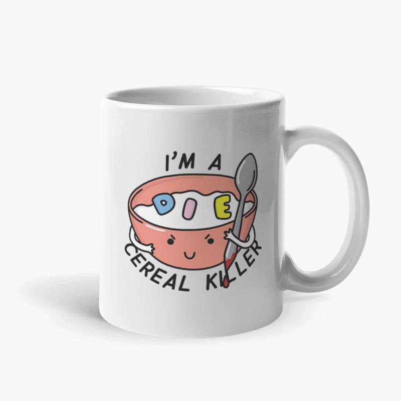 Tailorly White Ceramic 11 oz Mug - Im A Cereal Killer Smiling Pink Bowl Of Cereal Floating Letters Holding Bloody Spoon Bowl