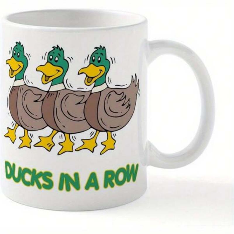Tailorly White Ceramic 11 oz Mug - Ducks In A Row Three Animated Green Headed Mallard Ducks Walking In A Straight Line Duck