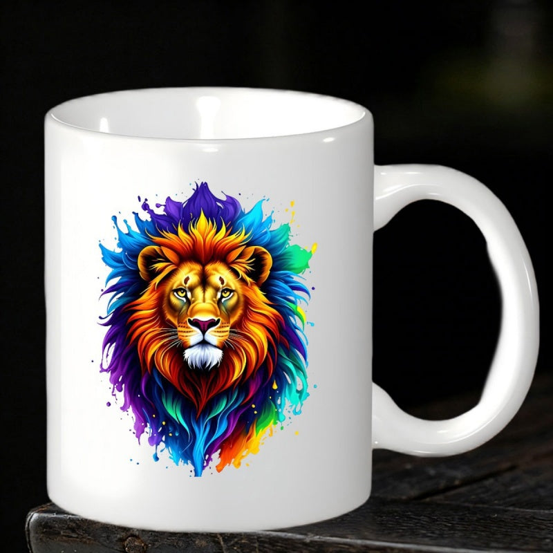 Tailorly White Ceramic 11 oz Mug - Vibrant Colorful Mane With Rainbow Watercolor Splashes Surrounding A Majestic Brave Lion