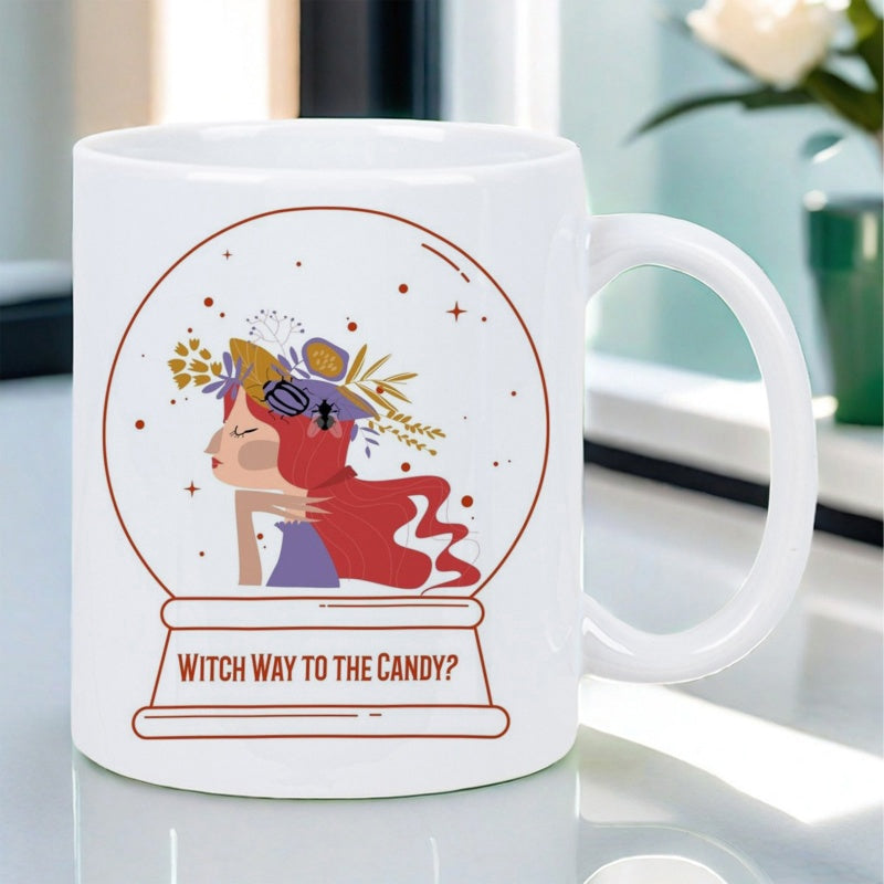 Tailorly White Ceramic 11 oz Mug - Witch Way To The Candy Whimsical Witch With Floral Crown Inside A Magical Ornate Crystal Ball