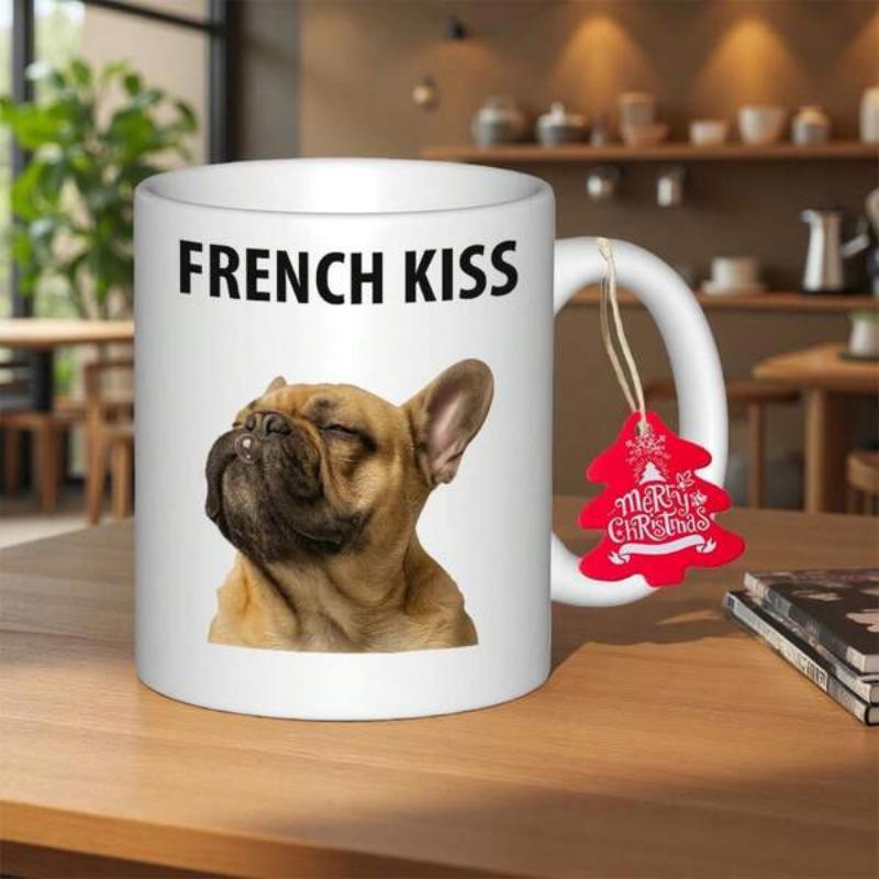 Tailorly White Ceramic 11 oz Mug - French Kiss Adorable Wrinkled Dog Face Looking Upwards With Peaceful Calm Expression French Bulldog