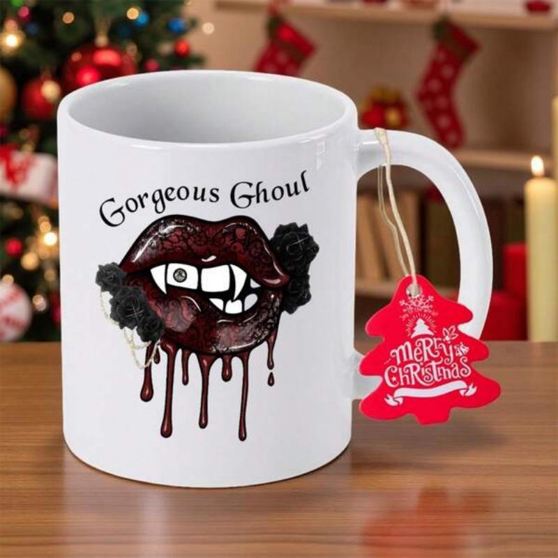 Tailorly White Ceramic 11 oz Mug - Gorgeous Ghoul Dark Glossy Dripping Vampire Fangs Featuring Mysterious Black Smokey Textures Lips