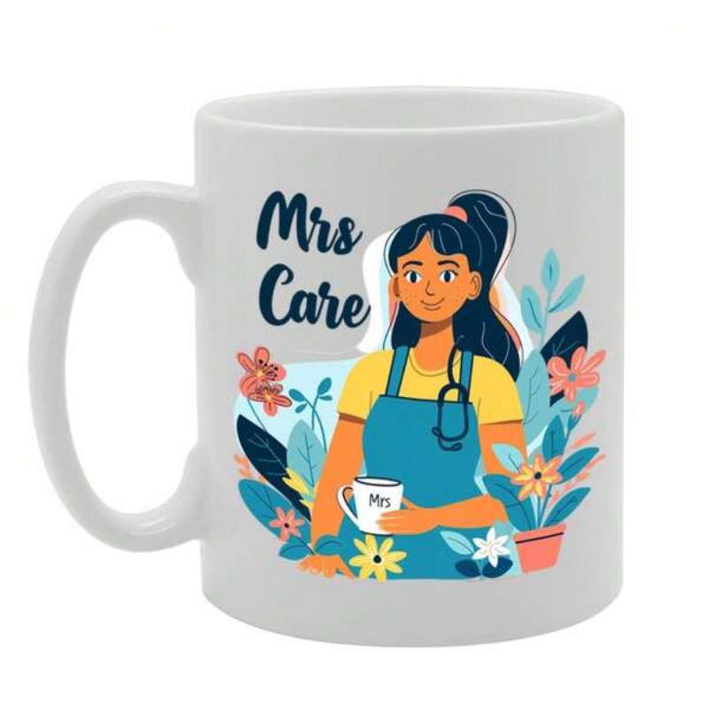 Tailorly White Ceramic 11 oz Mug - Mrs Care Female Healthcare Worker Wearing Stethoscope Among Vibrant Colorful Blooming Flowers Nurse