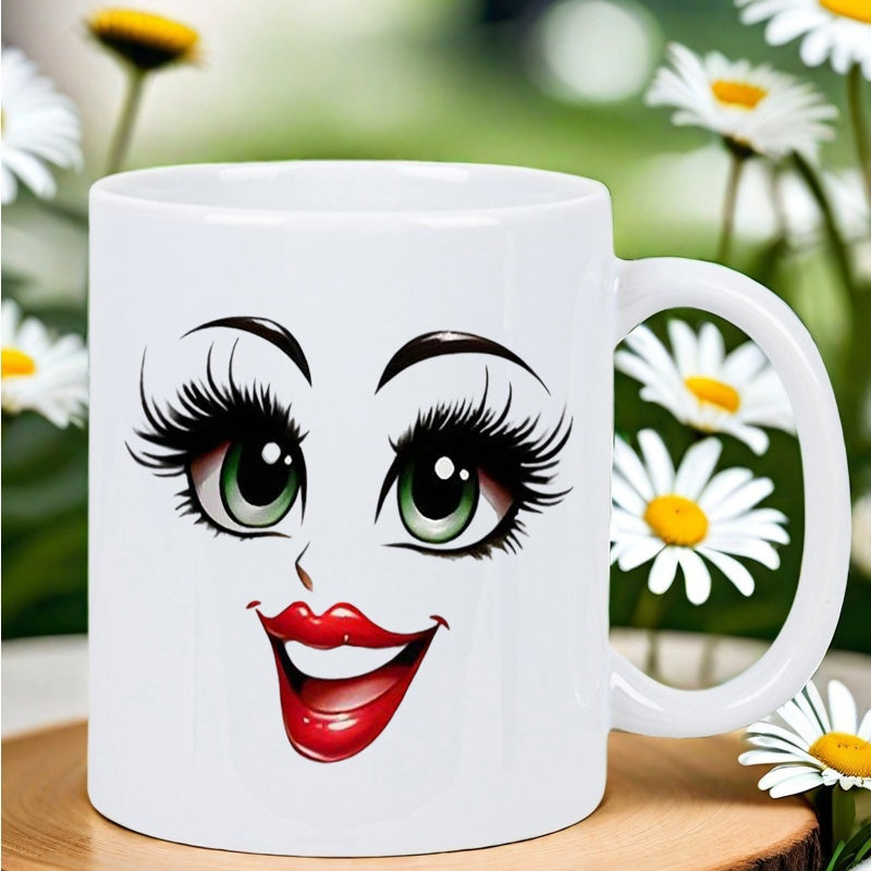 Tailorly White Ceramic 11 oz Mug - Large Expressive Green Eyes Featuring Long Eyelashes And Red Smiling Lips Face