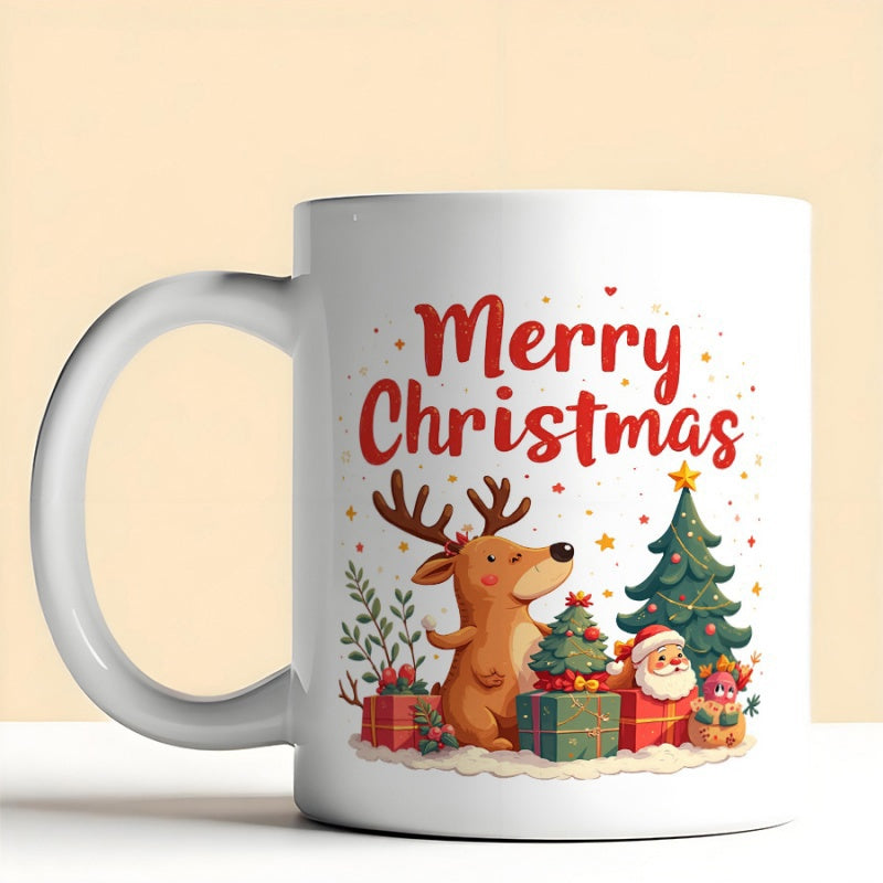 Tailorly White Ceramic 11 oz Mug - Merry Christmas Festive Cartoon Reindeer Standing Among Gifts And Starry Tree Reindeer