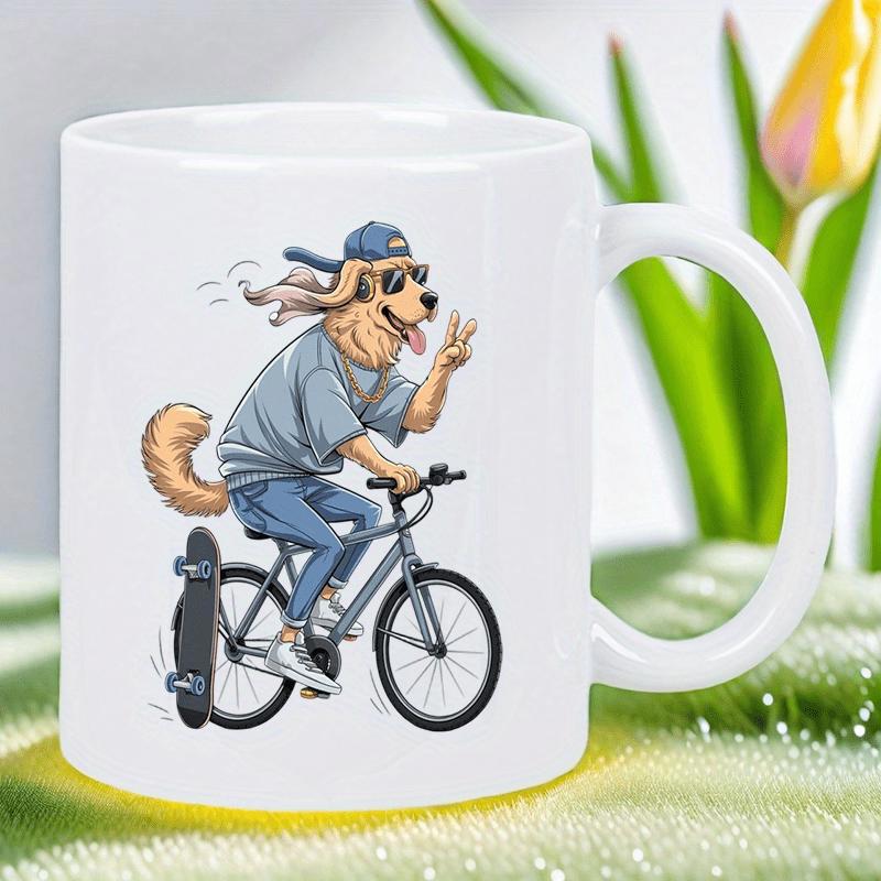 Tailorly White Ceramic 11 oz Mug - Cool Golden Retriever Wearing Sunglasses Riding Bicycle Carrying Skateboard Dog