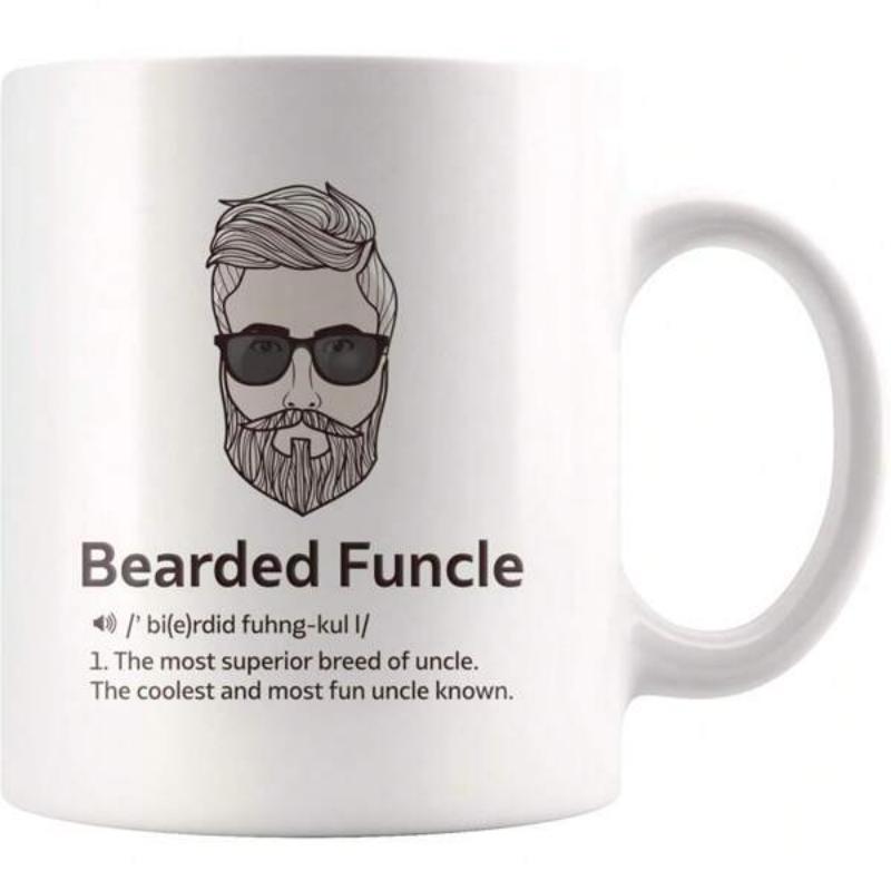 Tailorly White Ceramic 11 oz Mug - Bearded Funcle Minimalist Black Line Art Style Portrait Of A Hipster Bearded Man