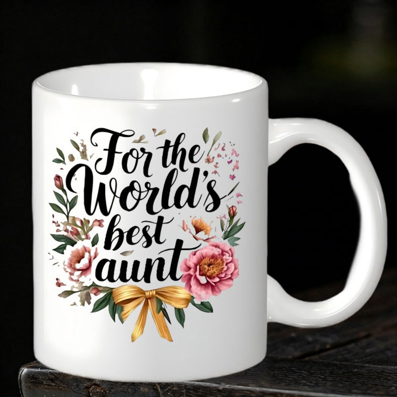 Tailorly White Ceramic 11 oz Mug - For The Worlds Best Aunt Blooming Pink Peonies Surrounded By Green Leaves And Golden Bow Wreath