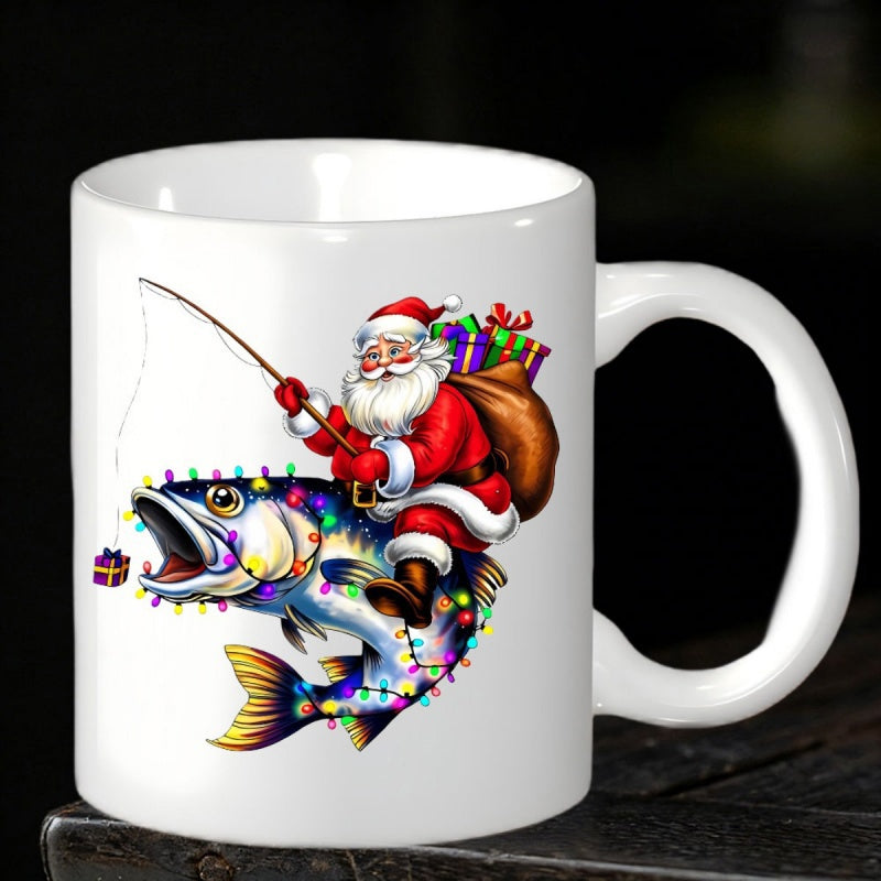 Tailorly White Ceramic 11 oz Mug - Jolly Santa Riding Jumping Bass With Glowing Colorful Festive Holiday Lights Fish