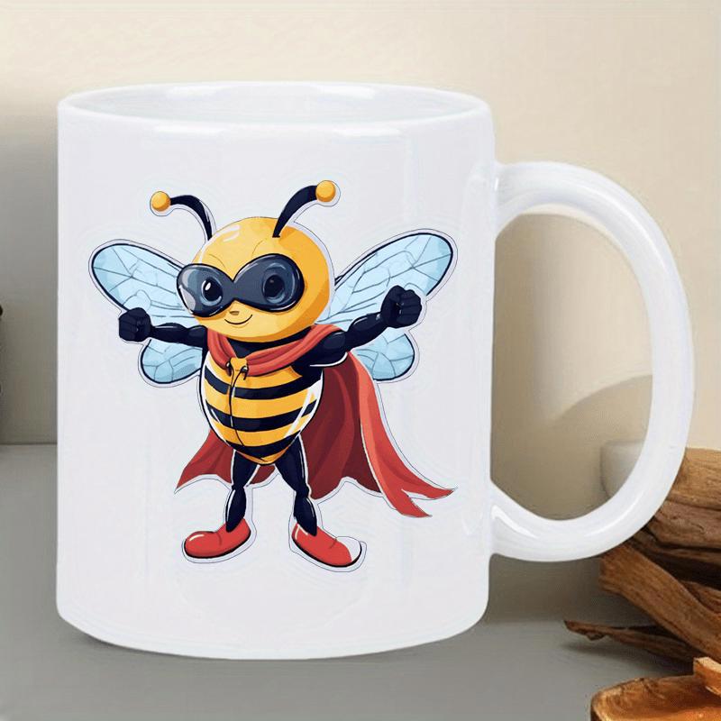 Tailorly White Ceramic 11 oz Mug - Adorable Cartoon Superhero Wearing Red Cape And Black Mask Bee