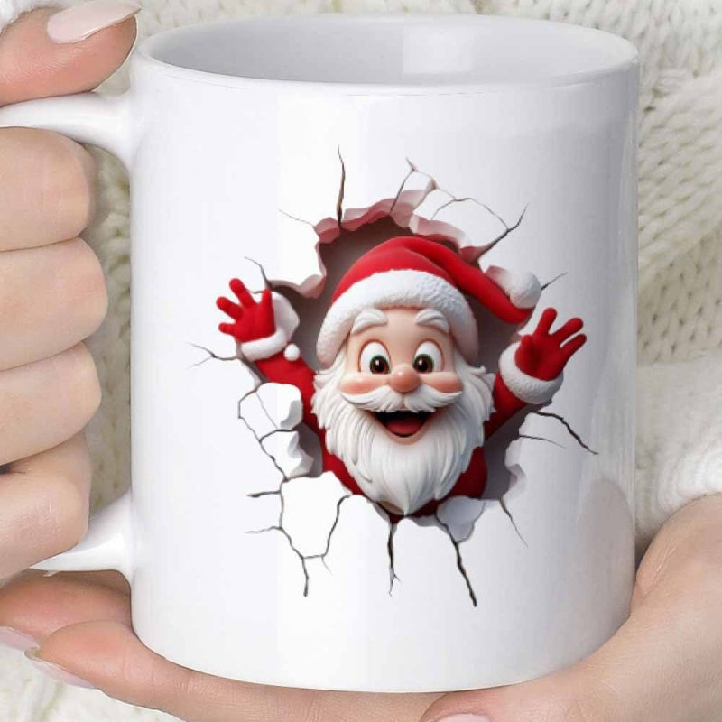Tailorly White Ceramic 11 oz Mug - Cheerful 3D Cartoon Character Bursting Through A Cracked Wall Santa Claus