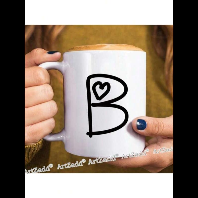 Tailorly White Ceramic 11 oz Mug - B Minimalist Hand Drawn Black Style Featuring Cute Small Internal Heart Initial