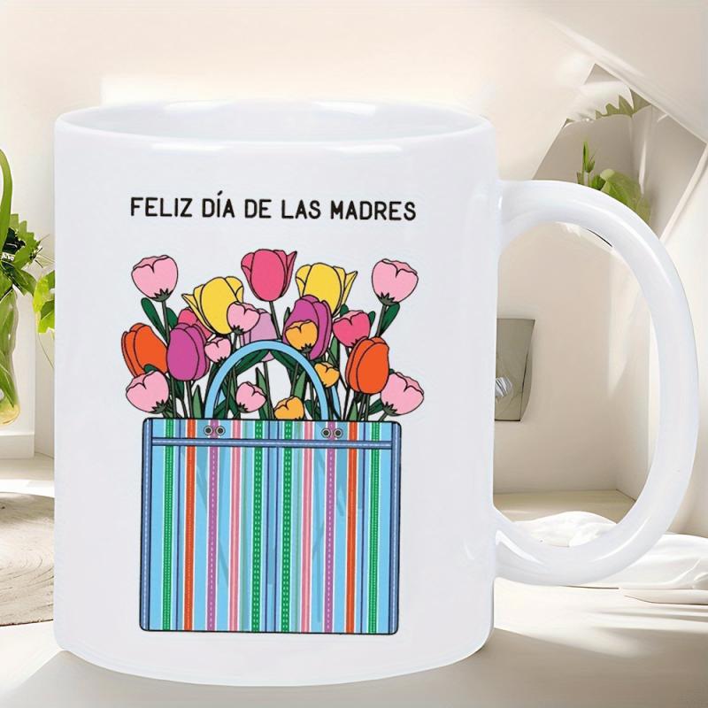Tailorly White Ceramic 11 oz Mug - Vibrant Striped Shopping Bag Filled With Colorful Fresh Spring Tulips