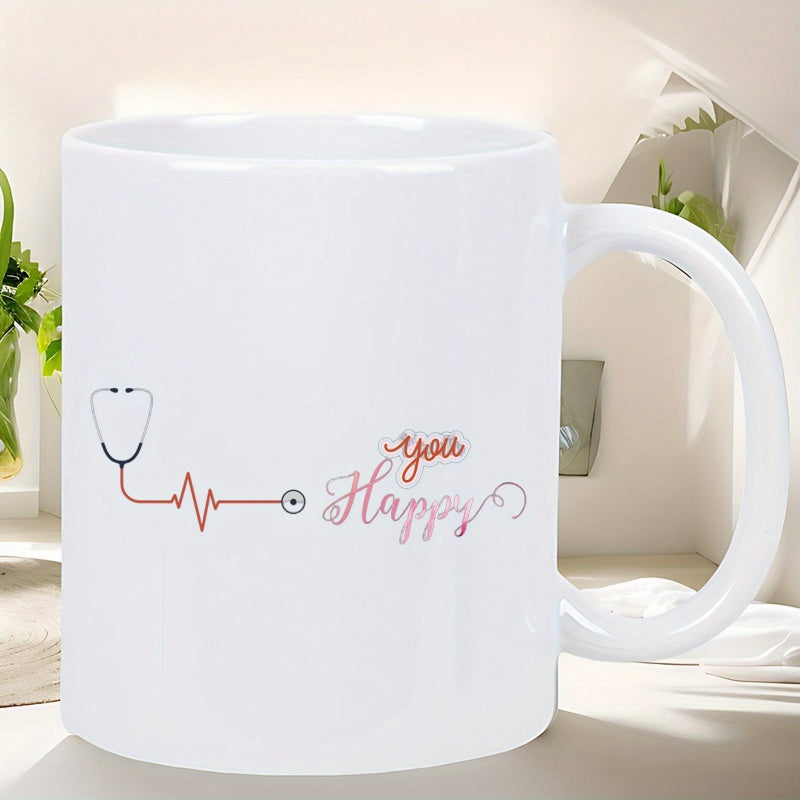 Tailorly White Ceramic 11 oz Mug - You Happy Medical Stethoscope Flowing Into A Rhythmic Life Pulse Heartbeat