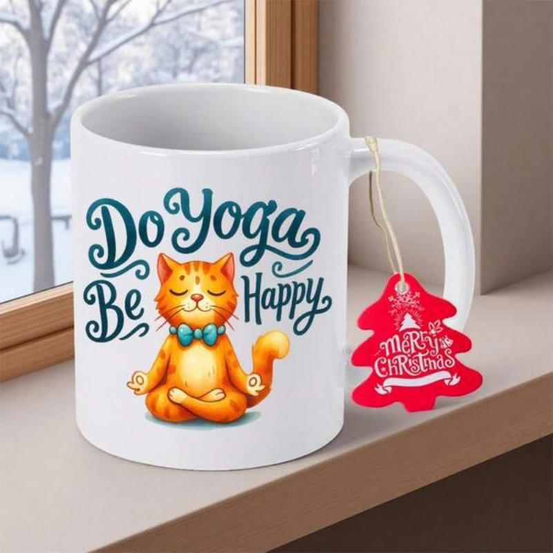 Tailorly White Ceramic 11 oz Mug - Do Yoga Be Happy Peaceful Ginger Zen Feline Sitting In Calm Meditative Lotus Pose Cat