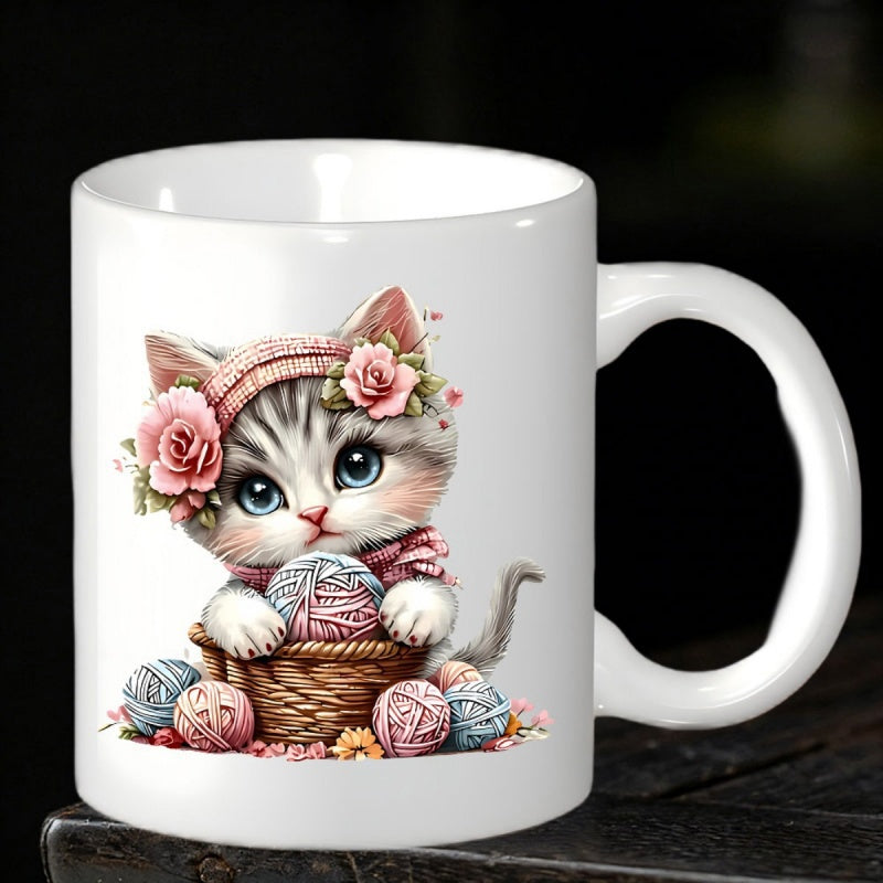 Tailorly White Ceramic 11 oz Mug - Adorable Fluffy Grey Tabby Wearing Pink Roses And Knitted Hat Among Yarn Kitten