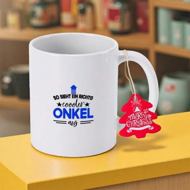 Tailorly White Ceramic 11 oz Mug - Merry Christmas Sparkling Blue Typography With Stylized Stars Among Small Beer Icon Mug