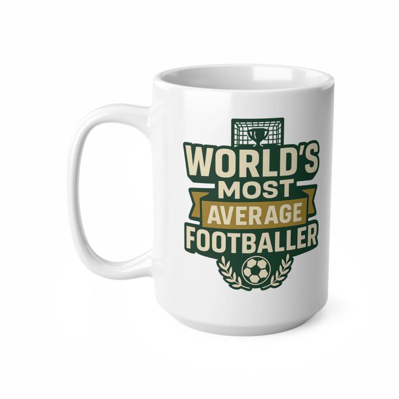 Tailorly White Ceramic 11 oz Mug - Worlds Most Average Footballer Classic Sports Badge Featuring A Soccer Ball And Goal Net Footballer
