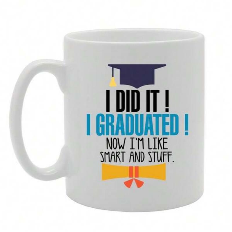 Tailorly White Ceramic 11 oz Mug - I Did It I Graduated Now Im Like Smart And Stuff Classic Mortarboard Cap With Tassel Above A Rolled Yellow Paper Graduation