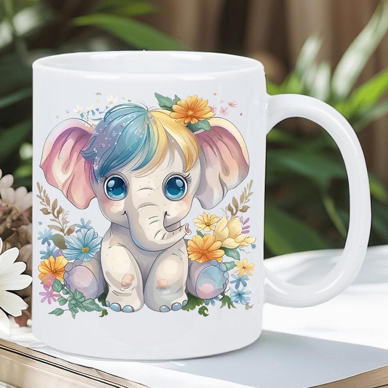 Tailorly White Ceramic 11 oz Mug - Adorable Watercolor Style Baby Elephant Sitting Among Colorful Garden Flowers Elephant