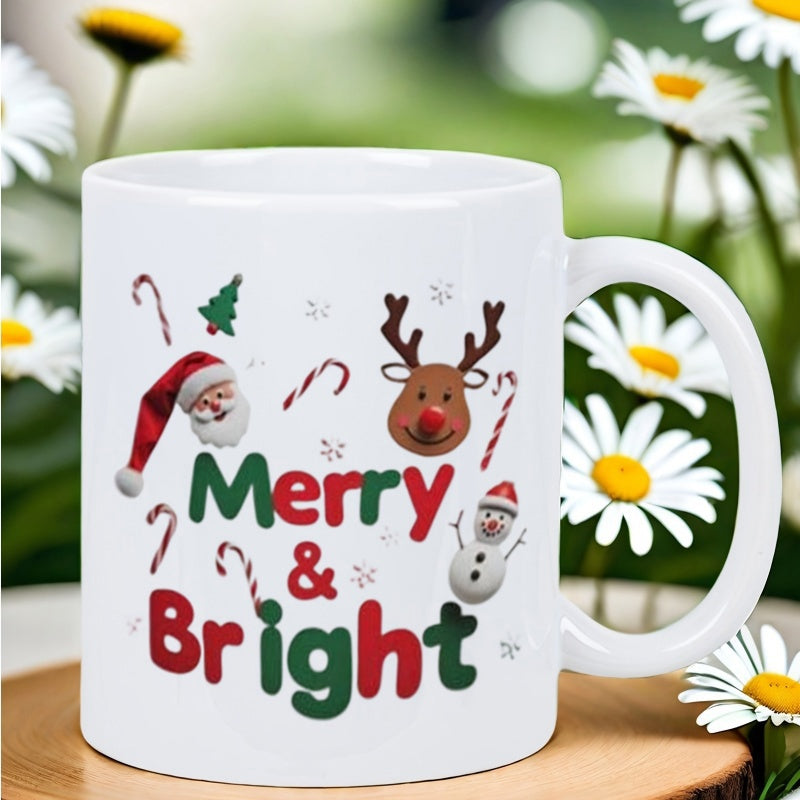 Tailorly White Ceramic 11 oz Mug - Merry Bright Festive Santa Reindeer Snowman With Candy Canes Under Small Tree Mug