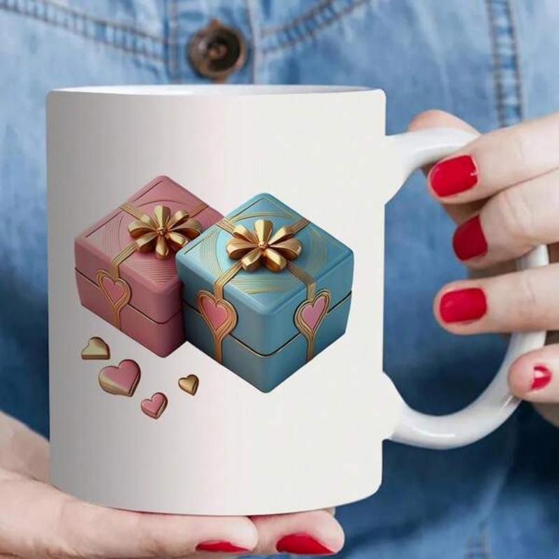 Tailorly White Ceramic 11 oz Mug - Lovely Pink And Blue 3D Boxes With Golden Flower Ribbons And Hearts Gift Box