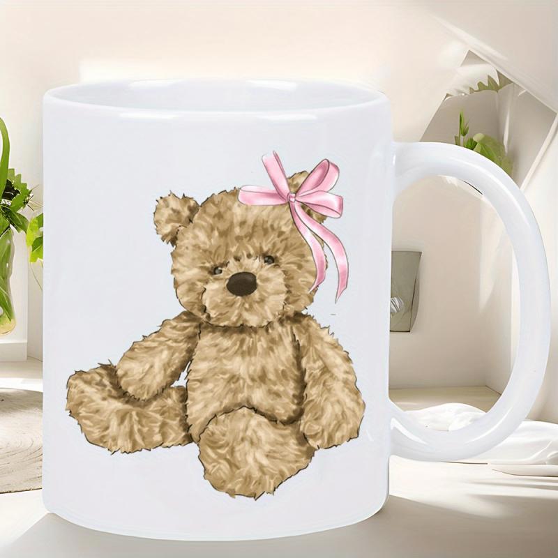 Tailorly White Ceramic 11 oz Mug - Cute Fluffy Brown Textured Fur Sitting With Delicate Pink Ribbon Bow Teddy Bear