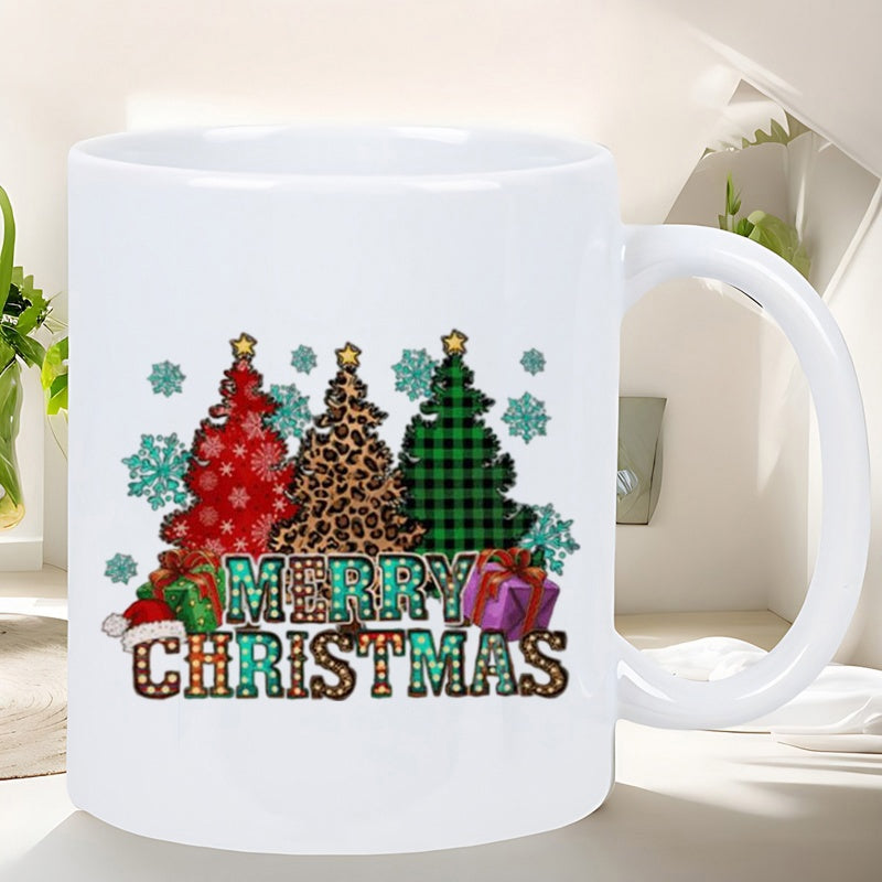 Tailorly White Ceramic 11 oz Mug - Merry Christmas Patterned Trees With Gift Boxes And Falling Snowflakes Christmas Tree