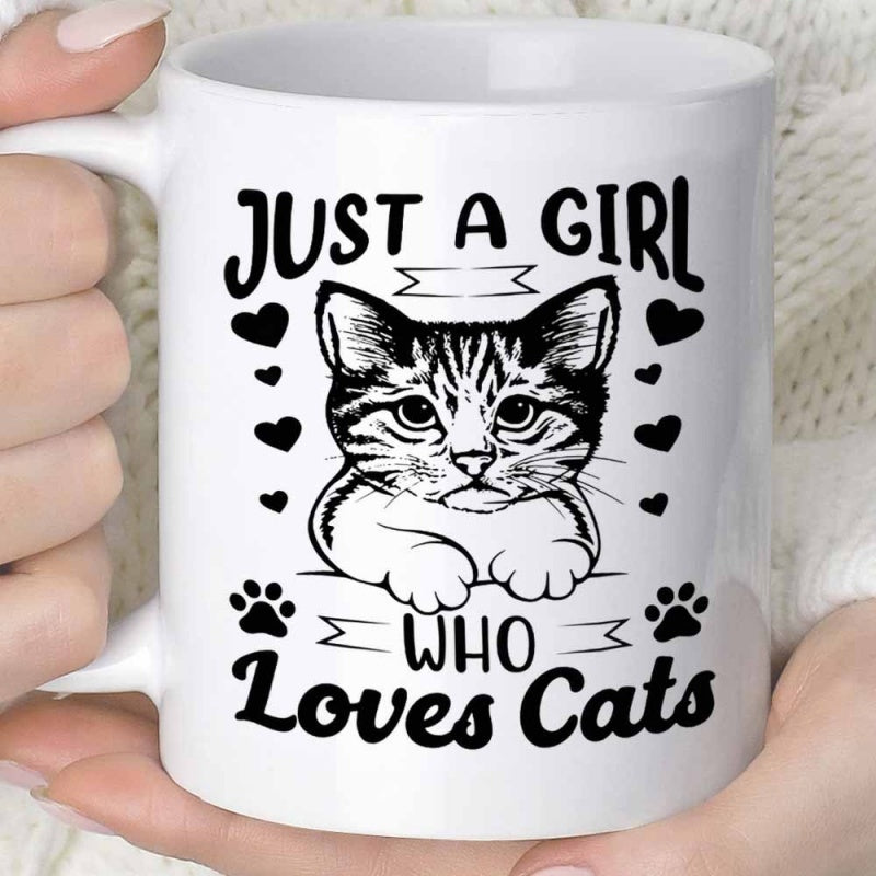 Tailorly White Ceramic 11 oz Mug - Just A Girl Who Loves Cats Sketch Style Illustration Featuring Adorable Kitten Surrounded By Tiny Hearts And Paws Cat