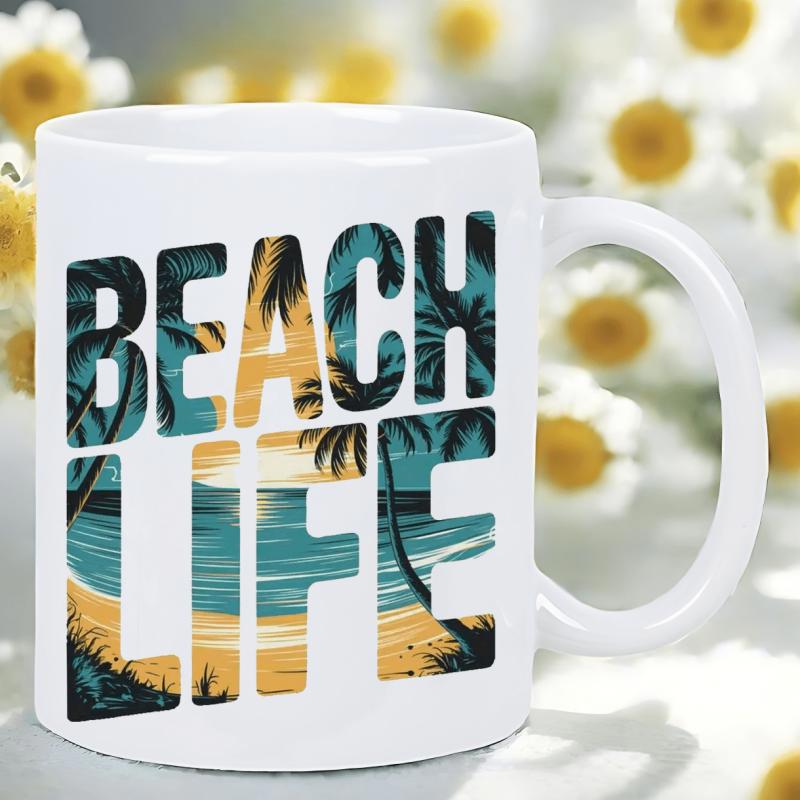 Tailorly White Ceramic 11 oz Mug - Beach Life Tropical Sunset Scene With Ocean Waves And Majestic Palm Tree