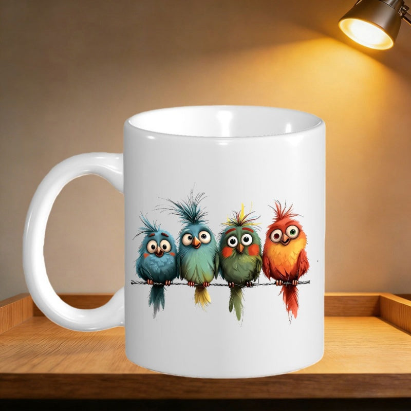 Tailorly White Ceramic 11 oz Mug - Colorful Cartoon Characters Perched Socially Together On A Wire Birds
