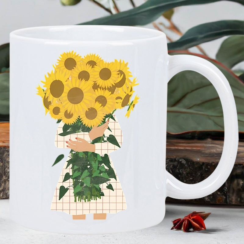 Tailorly White Ceramic 11 oz Mug - Minimalist Illustration Of Person In Checkered Dress Holding Vibrant Yellow Sunflower