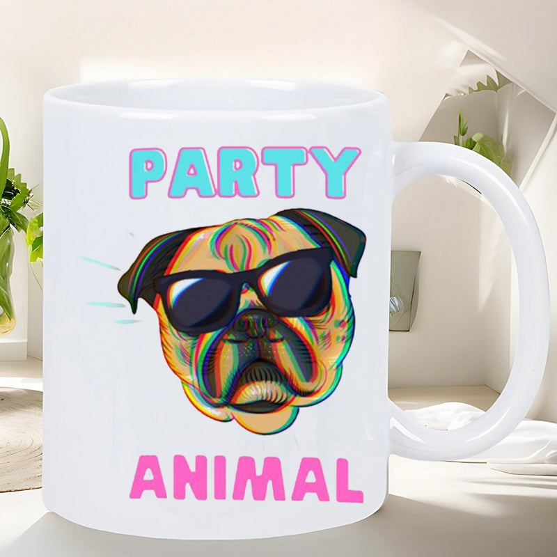 Tailorly White Ceramic 11 oz Mug - Party Animal Cool Sunglasses Wearing Canine With Vibrant Glitch Style Aesthetic Pug