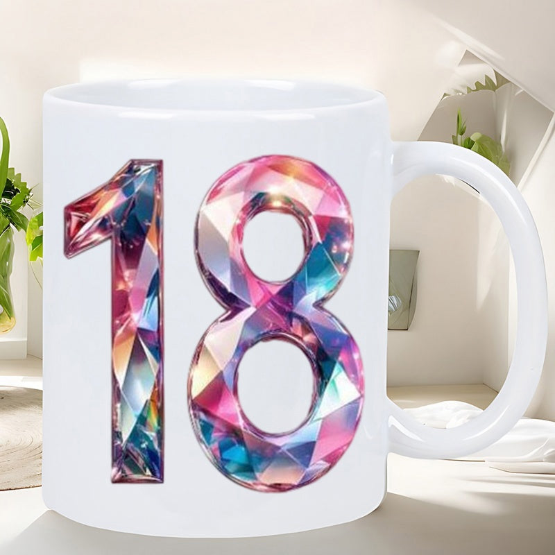 Tailorly White Ceramic 11 oz Mug - Colorful Sparkling Crystalline Faceted Gemstone Texture Decorative Birthday Celebration Number