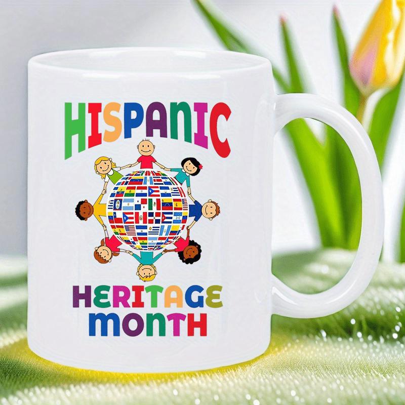 Tailorly White Ceramic 11 oz Mug - Hispanic Heritage Month Diverse Children Holding Hands Together Around A Colorful National Flag Decorated Globe