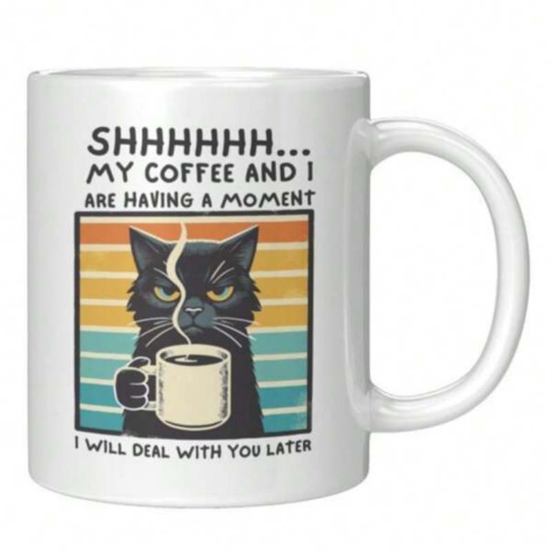 Tailorly White Ceramic 11 oz Mug - Shhhhhh My Coffee And I Are Having A Moment I Will Deal With You Later Grumpy Black Pet Holding Steaming Cup Under Retro Striped