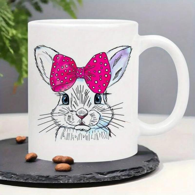 Tailorly White Ceramic 11 oz Mug - Sketchy Artistic Style Featuring Vibrant Pink Polka Dot Hair Bow Rabbit