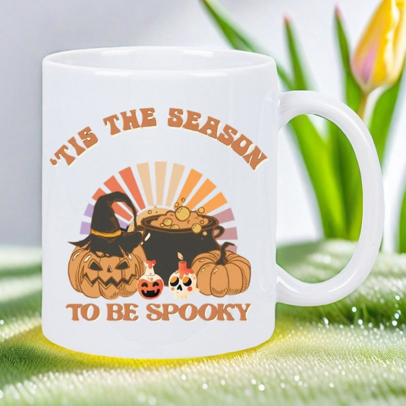 Tailorly White Ceramic 11 oz Mug - Tis The Season To Be Spooky Retro Sunset Background With Jack O Lantern And Bubbling Witch Cauldron Mug