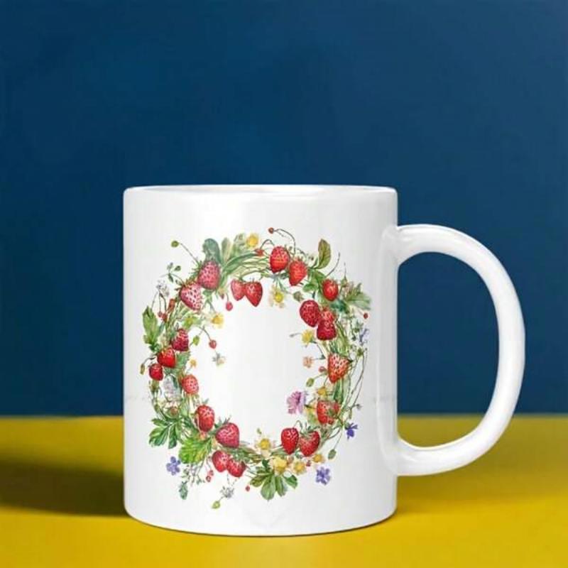 Tailorly White Ceramic 11 oz Mug - Sweet Red Berries Forming A Delicate Wreath Among Lush Green Leaves Strawberry