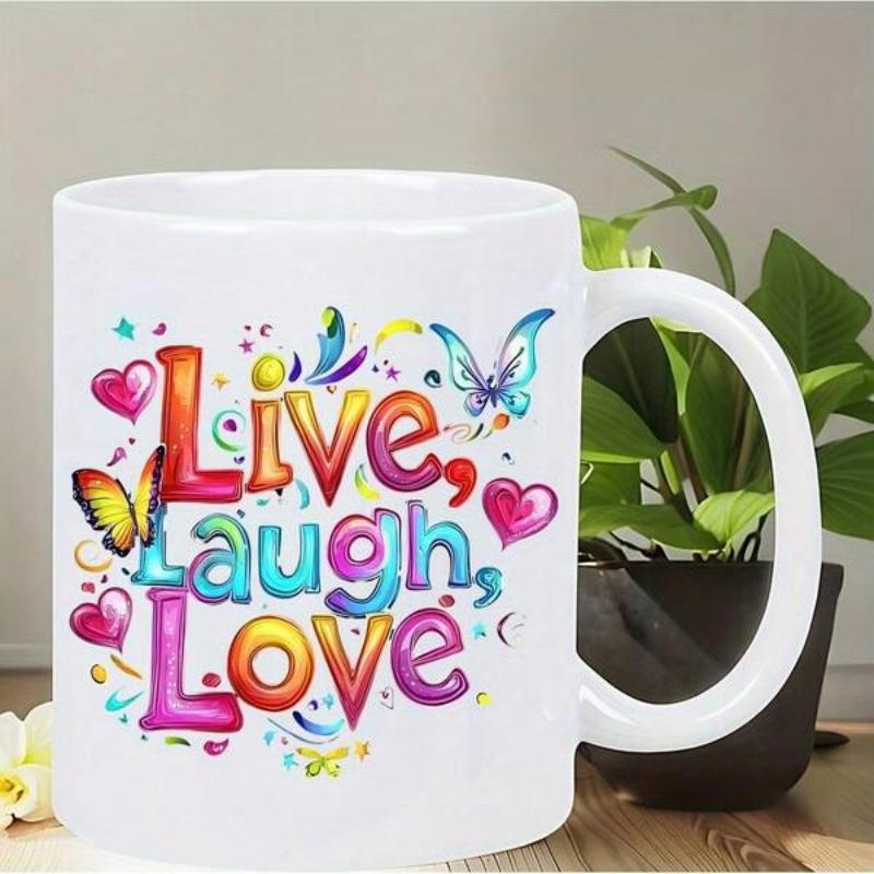 Tailorly White Ceramic 11 oz Mug - Live Laugh Love Vibrant Colorful Butterflies And Pink Hearts Fluttering Around Artistic Bubbly Mug