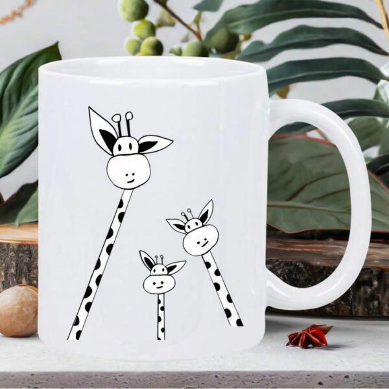 Tailorly White Ceramic 11 oz Mug - Minimalist Hand Drawn Line Art Depicting Family Of Three Giraffe