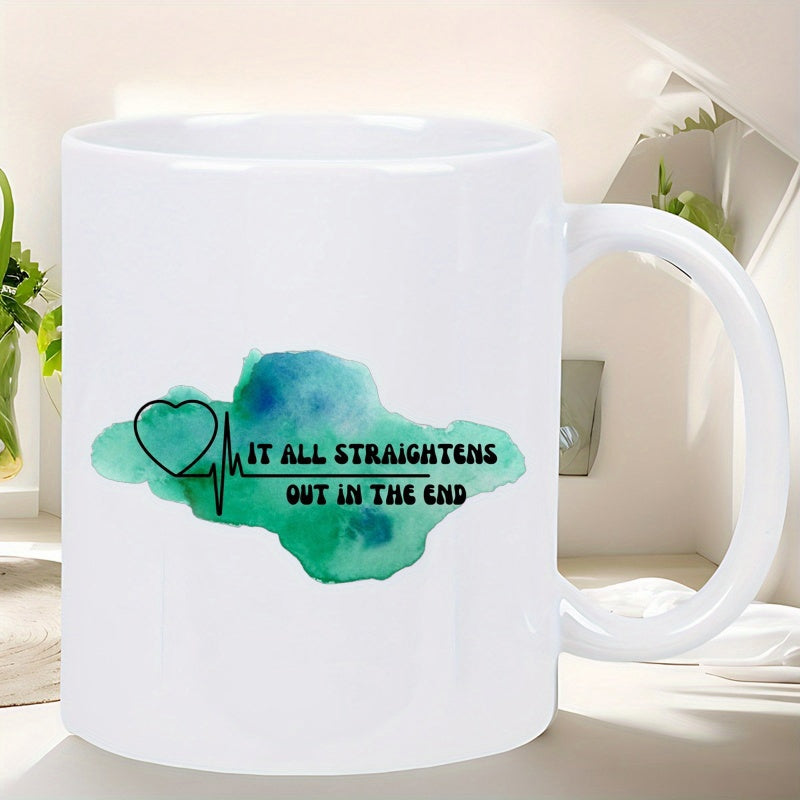 Tailorly White Ceramic 11 oz Mug - It All Straightens Out In The End Vibrant Green Watercolor Background With A Medical Pulse Line Style Heart