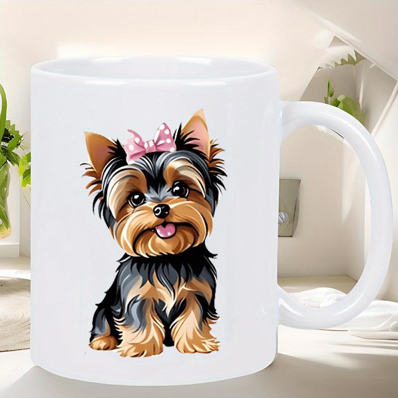 Tailorly White Ceramic 11 oz Mug - Cute Sitting Yorkshire Terrier With A Pink Polka Dot Bow Dog