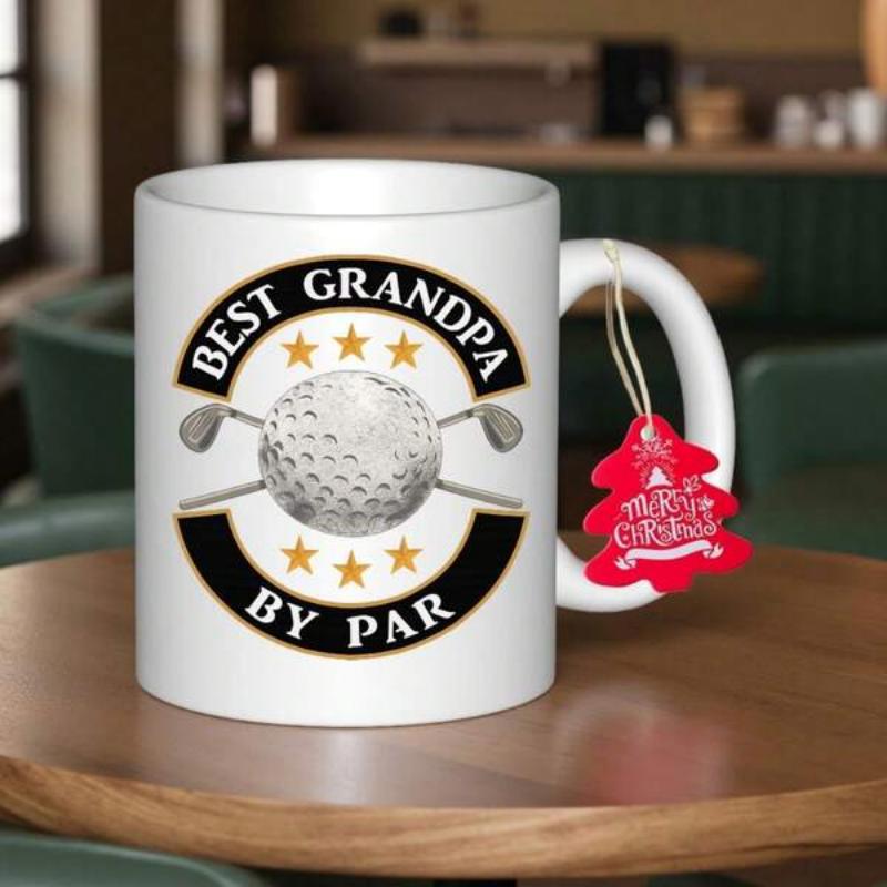 Tailorly White Ceramic 11 oz Mug - Best Grandpa By Par Detailed Dimpled Sphere With Crossed Clubs Among Small Golden Stars Golf Ball