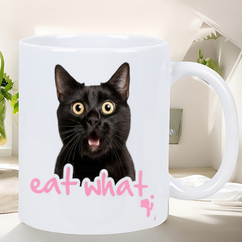 Tailorly White Ceramic 11 oz Mug - Eat What Surprised Wide Eyed Black Feline With An Open Mouth Cat