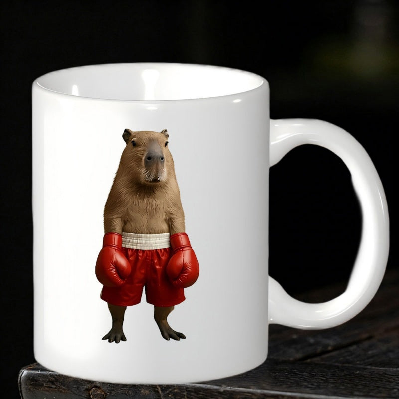 Tailorly White Ceramic 11 oz Mug - Realistic Brown Standing Furry Animal Wearing Red Boxing Gloves And Shorts Capybara