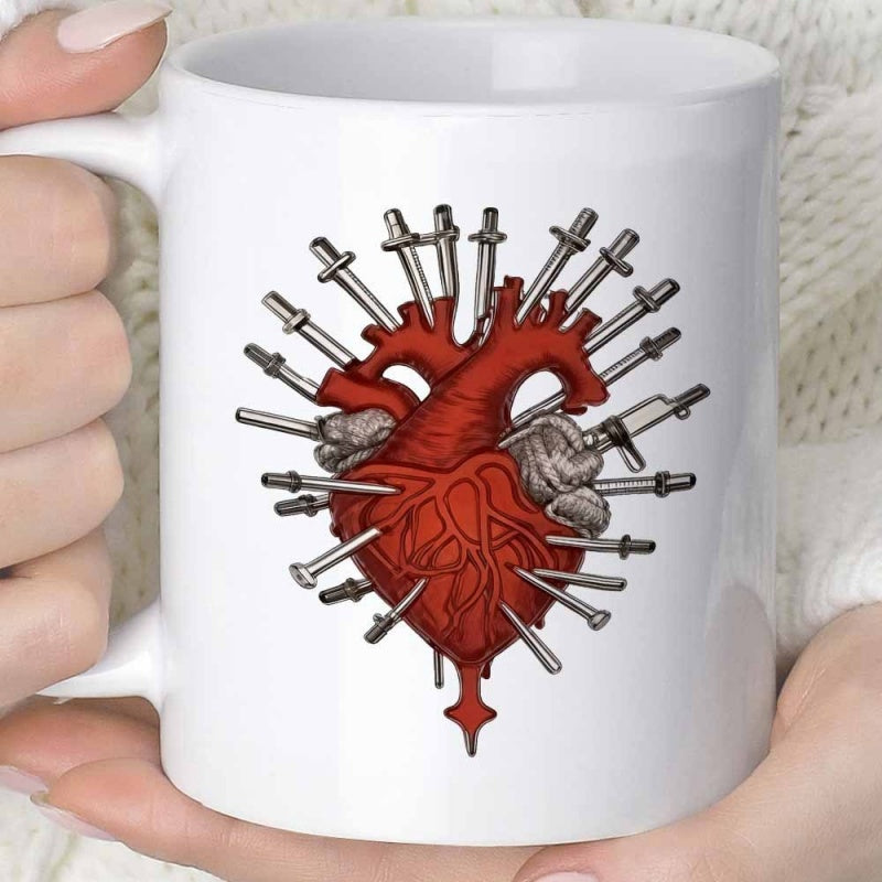 Tailorly White Ceramic 11 oz Mug - Detailed Anatomical Human Heart Pierced By Multiple Sharp Metallic Silver Swords Heart
