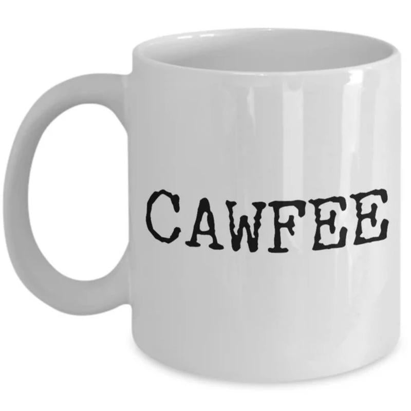 Tailorly White Ceramic 11 oz Mug - Cawfee Minimalist Black Distressed Typewriter Font Style Printed On Smooth Ceramic Mug