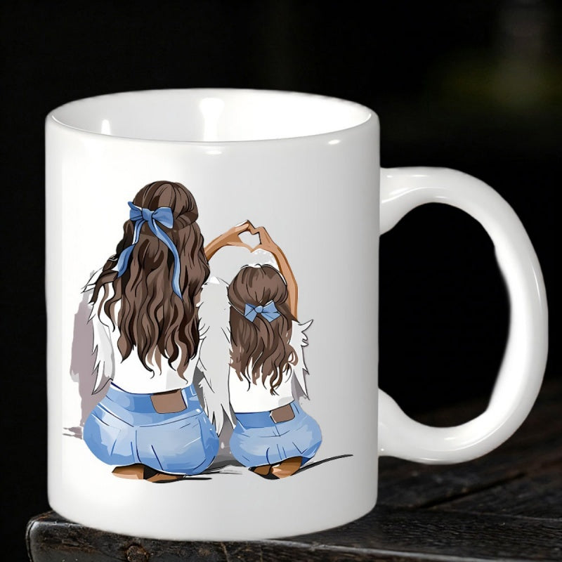 Tailorly White Ceramic 11 oz Mug - Mother And Child Wearing Matching Blue Bows Sitting On Ground Figures