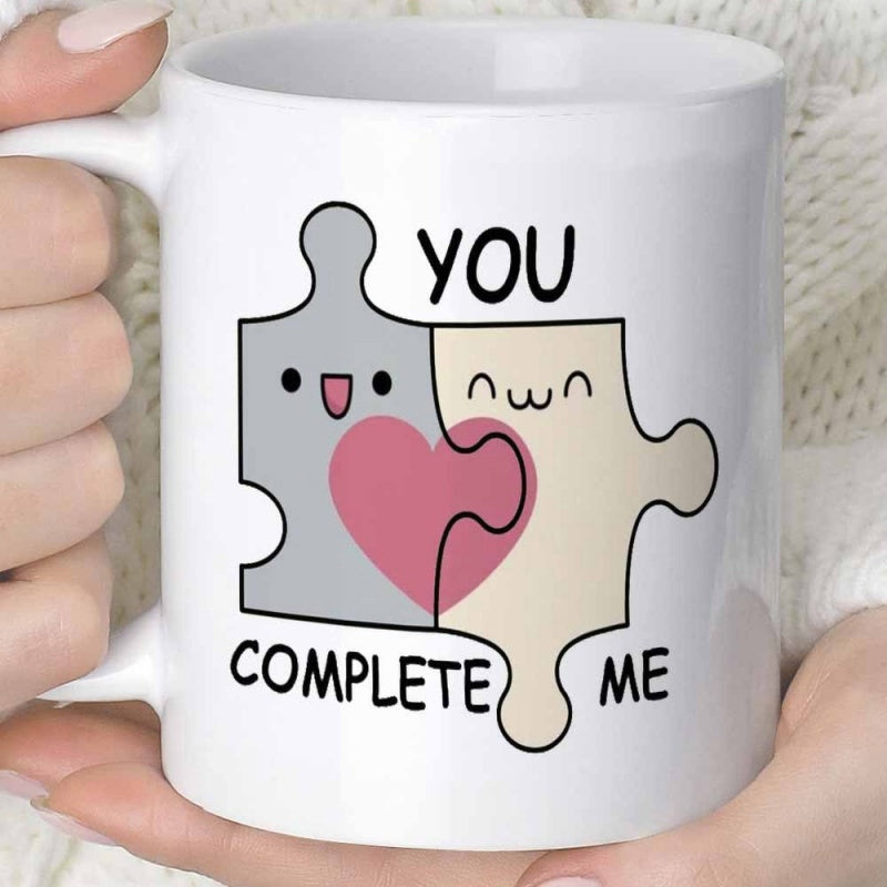 Tailorly White Ceramic 11 oz Mug - You Complete Me Two Interlocking Pieces With Cute Smiling Faces And A Pink Heart Puzzle
